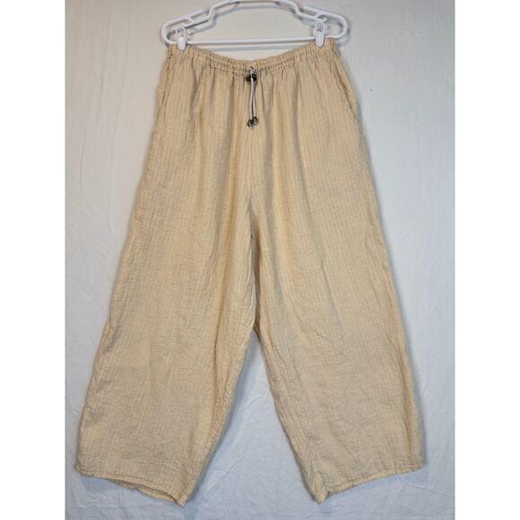 Vtg FLAX Linen Cropped Pants Cream Striped Elastic Waist Pockets Wide Leg Sz Lg - Picture 1 of 4